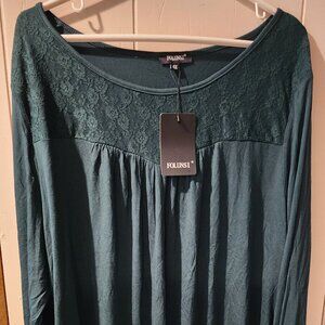 Folunsi 4X Lace Yoke Long Sleeve Top Green Plus Size 4X NWT